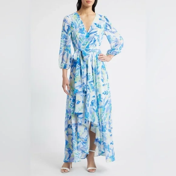 NWT Eliza J Size 10 Floral Long Sleeve Ruffled Hi Low Maxi Dress Party Wedding - Picture 2 of 13